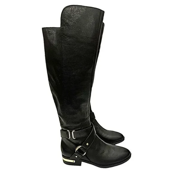 Vince Camuto Knee-High Black Leather Boots Gold Hardware Size 5M Zip - Picture 6 of 10
